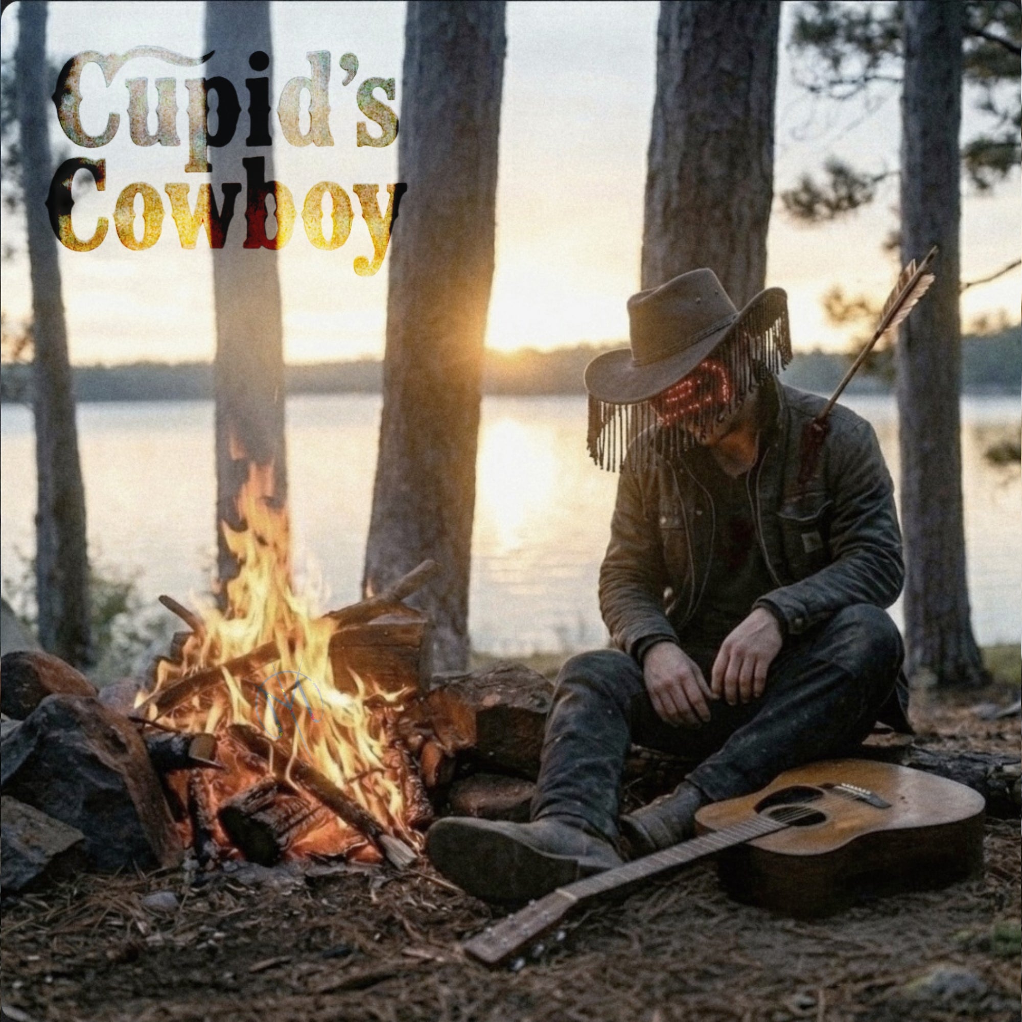 Letters from Mars Album-style cover art with the title 'Cupid's Cowboy' in textured lettering at the top left. A person in a cowboy hat and dark jacket sits by a campfire near trees and water at sunset, with an acoustic guitar on the ground and an arrow in his shoulder.
