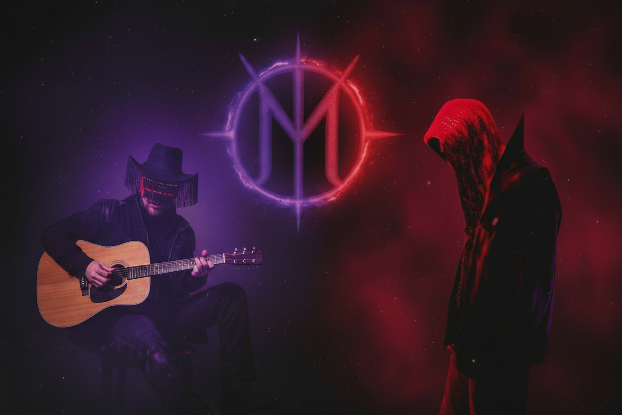 Two figures, one playing guitar and the other in a hooded outfit, with the Letters from Mars logo in the center against a dark background.