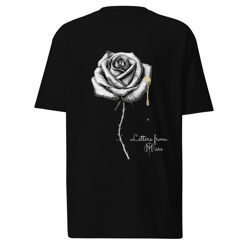 Black t-shirt with a white rose graphic and 'Letters from Mars' text on a white background