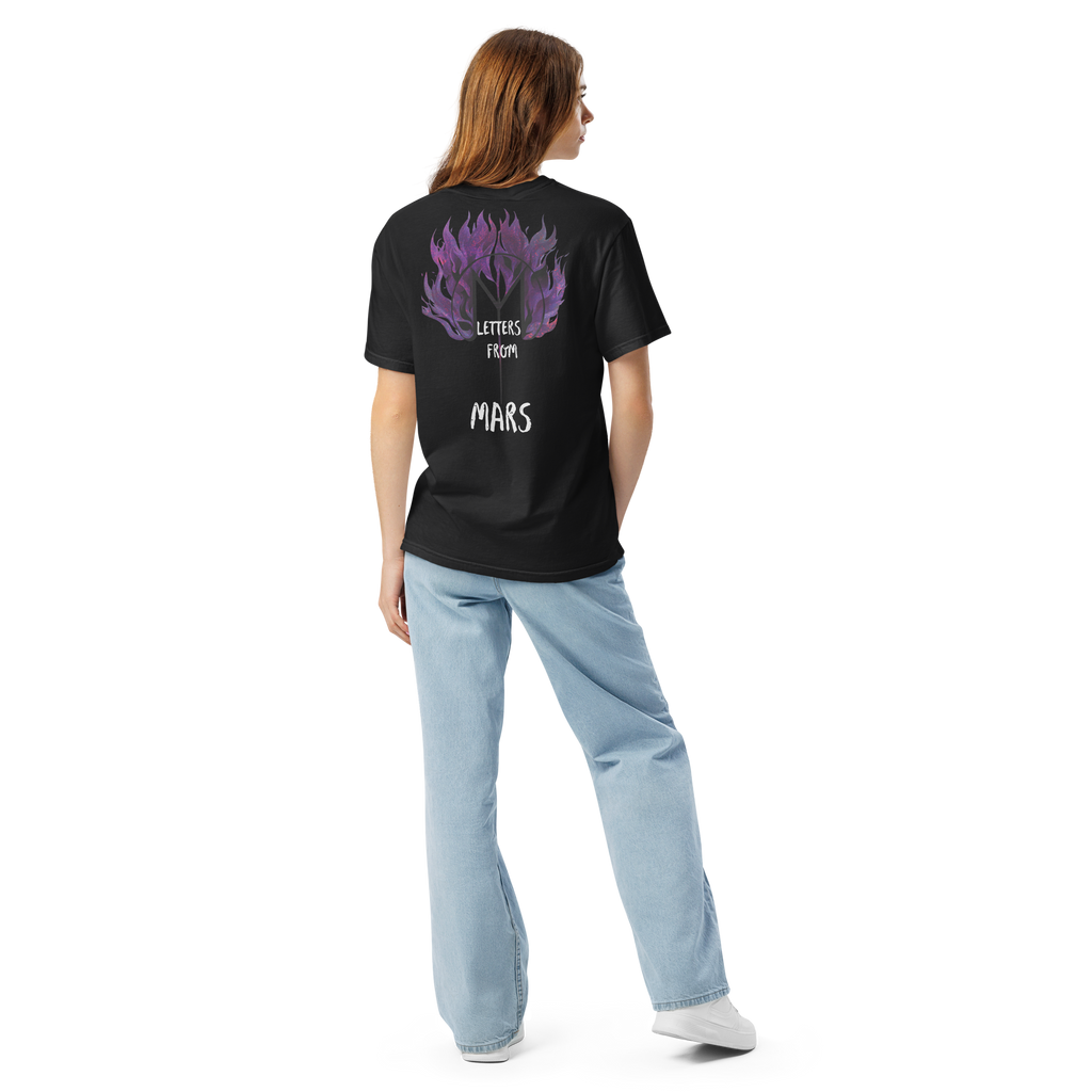 Person wearing a black t-shirt with a purple Letters from mars M logo graphic and text on the back, standing against a white background.