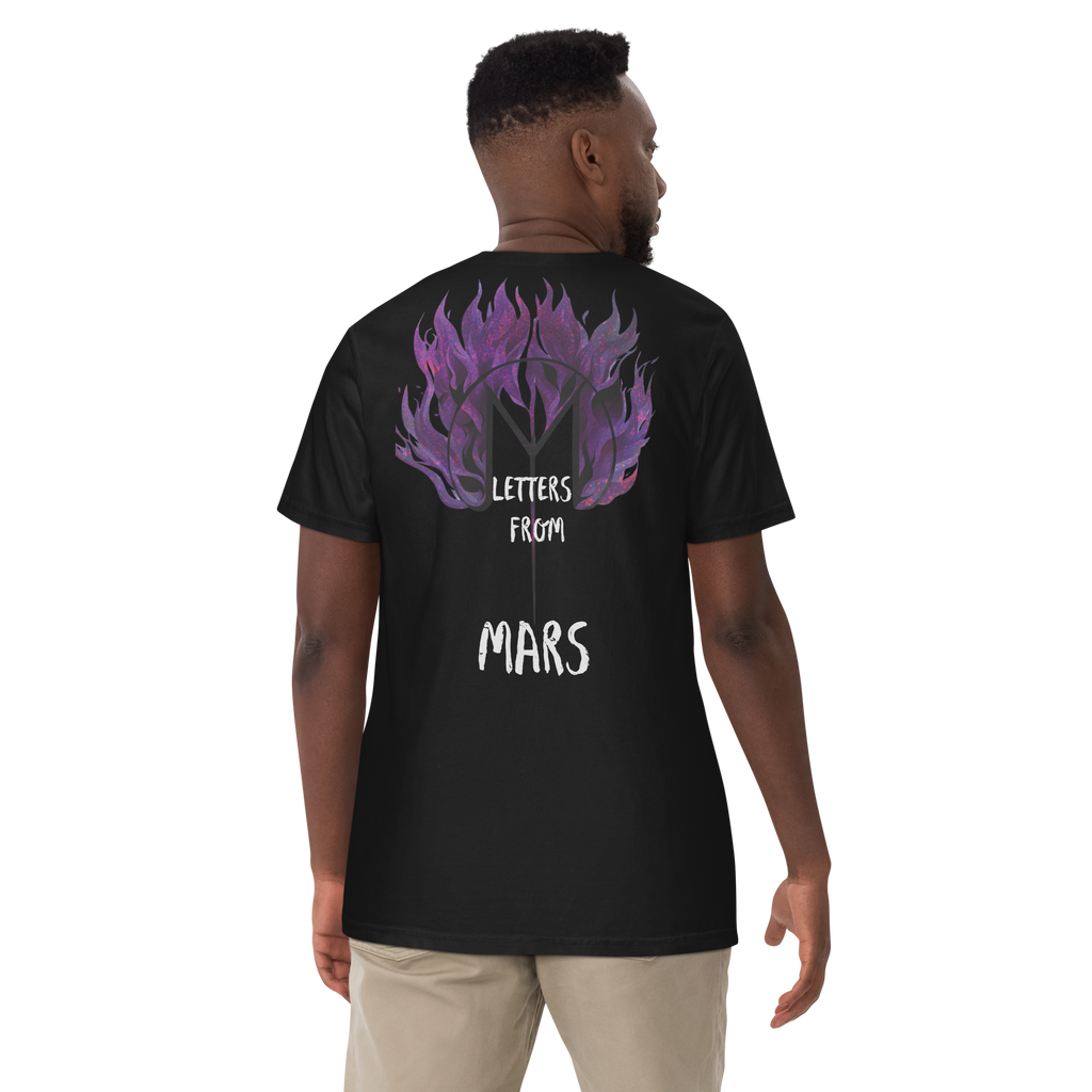 Person wearing a black t-shirt with 'Letters from Mars' design on the back, standing against a white background.