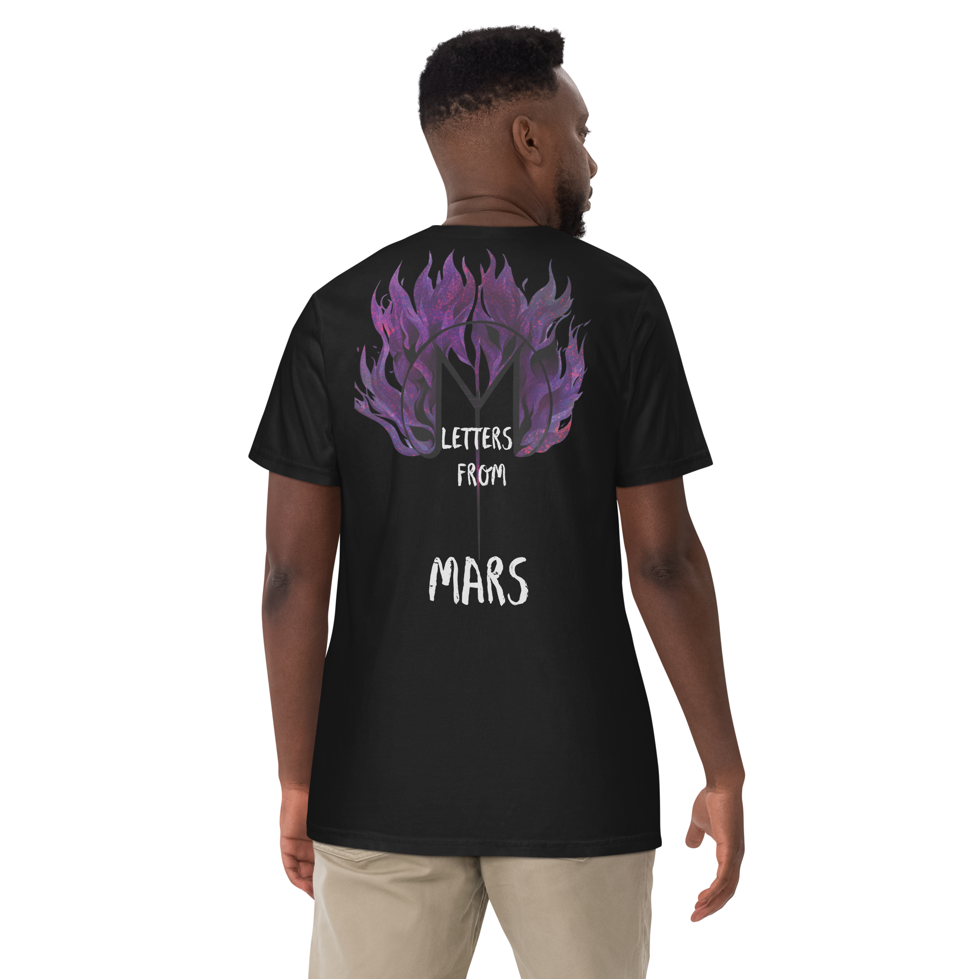 Person wearing a black t-shirt with 'Letters from Mars' design on the back, standing against a white background.