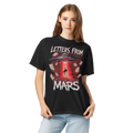 Person wearing a black t-shirt with 'Letters from Mars' graphic design on a white background