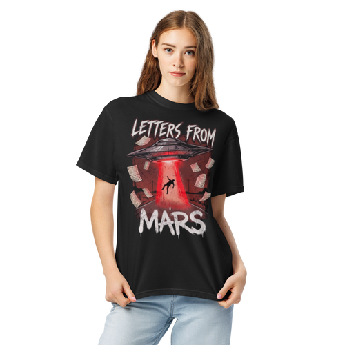 Person wearing a black t-shirt with 'Letters from Mars' graphic design on a white background