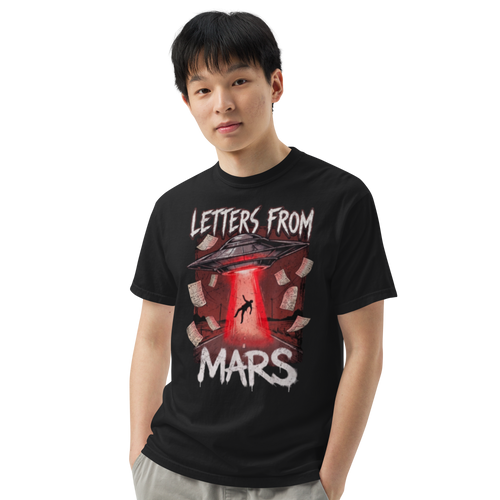 Person wearing a black t-shirt with 'Letters from Mars' graphic design on a white background