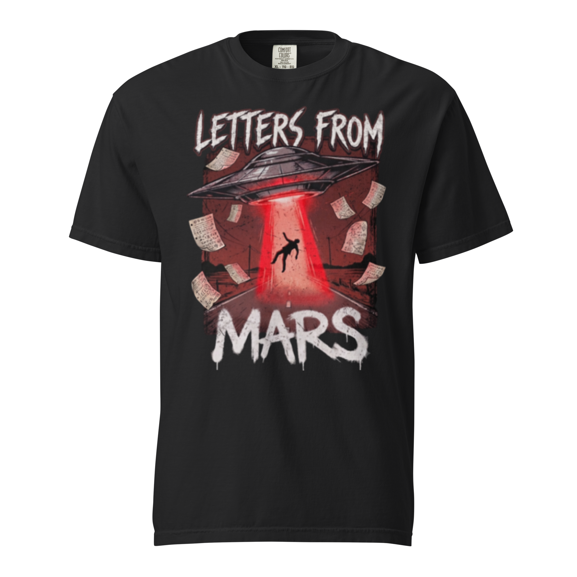 Black t-shirt with 'Letters from Mars' graphic design featuring a UFO and silhouette of a person.