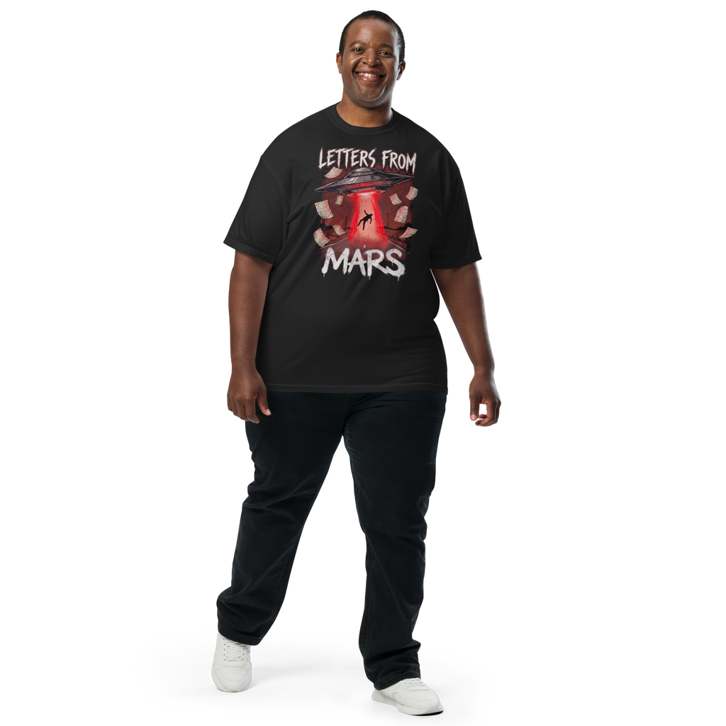 Person wearing a black t-shirt with 'Letters from Mars' design on a white background