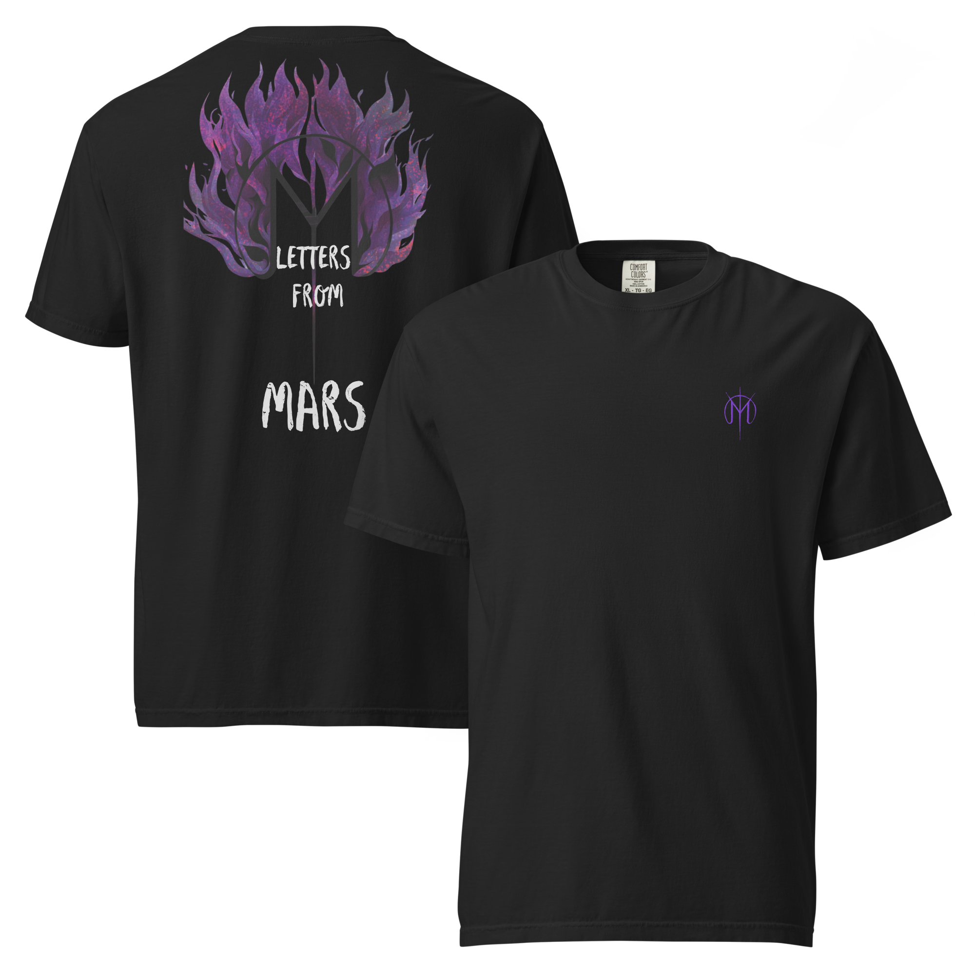 Black t-shirt with 'Letters from Mars' design on the back and logo on the front, on a white background.