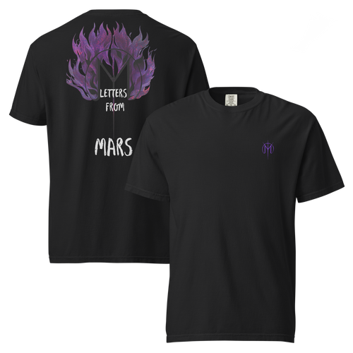 Black t-shirt with 'Letters from Mars' design on the back and logo on the front, on a white background.
