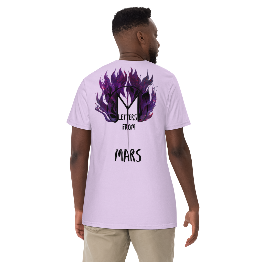 Person wearing a light purple t-shirt with a Letters from Mars CRASH album graphic design and text on the back, on a white background.