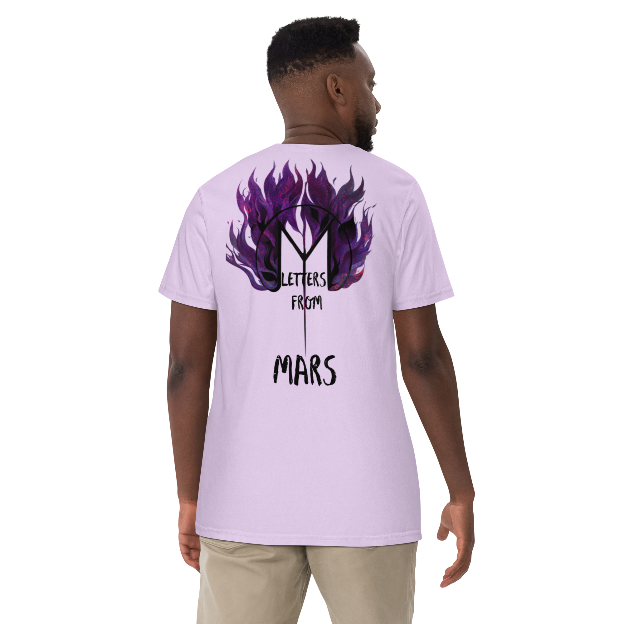 Person wearing a light purple t-shirt with a Letters from Mars CRASH album graphic design and text on the back, on a white background.