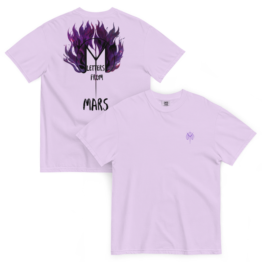 Purple t-shirt with 'Letters from Mars' CRASH EP design on a white background