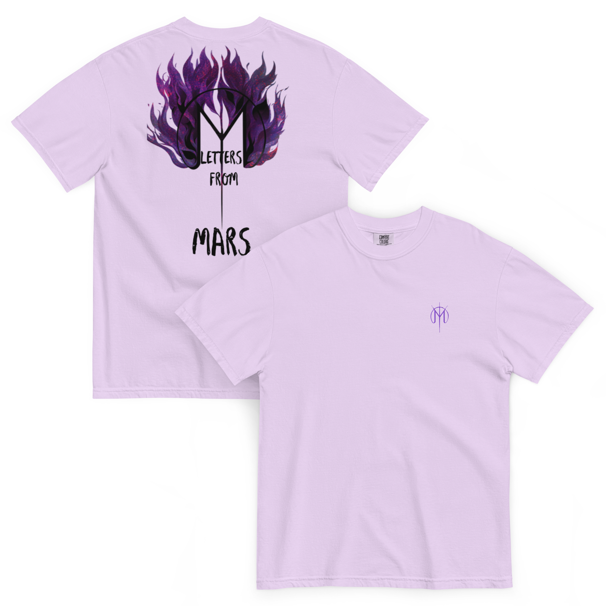 Purple t-shirt with 'Letters from Mars' CRASH EP design on a white background