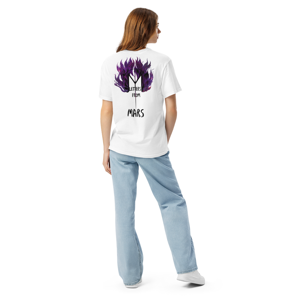 Person wearing a white t-shirt with a Letters from mars CRASH EP purple design and text on the back, standing against a white background.