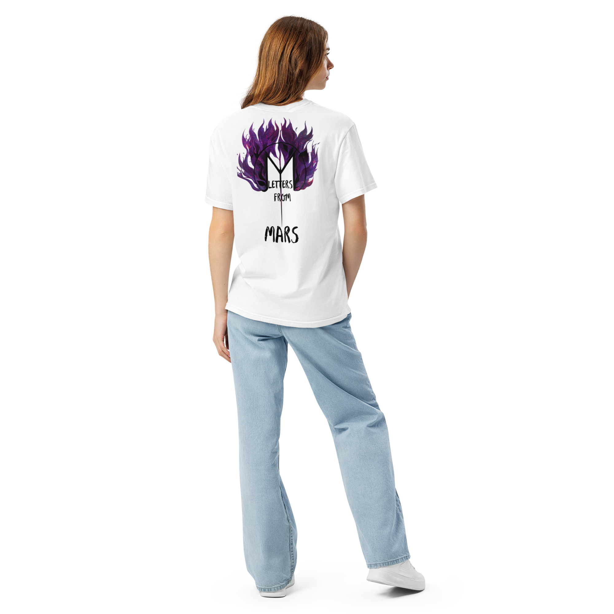 Person wearing a white t-shirt with a Letters from mars CRASH EP purple design and text on the back, standing against a white background.