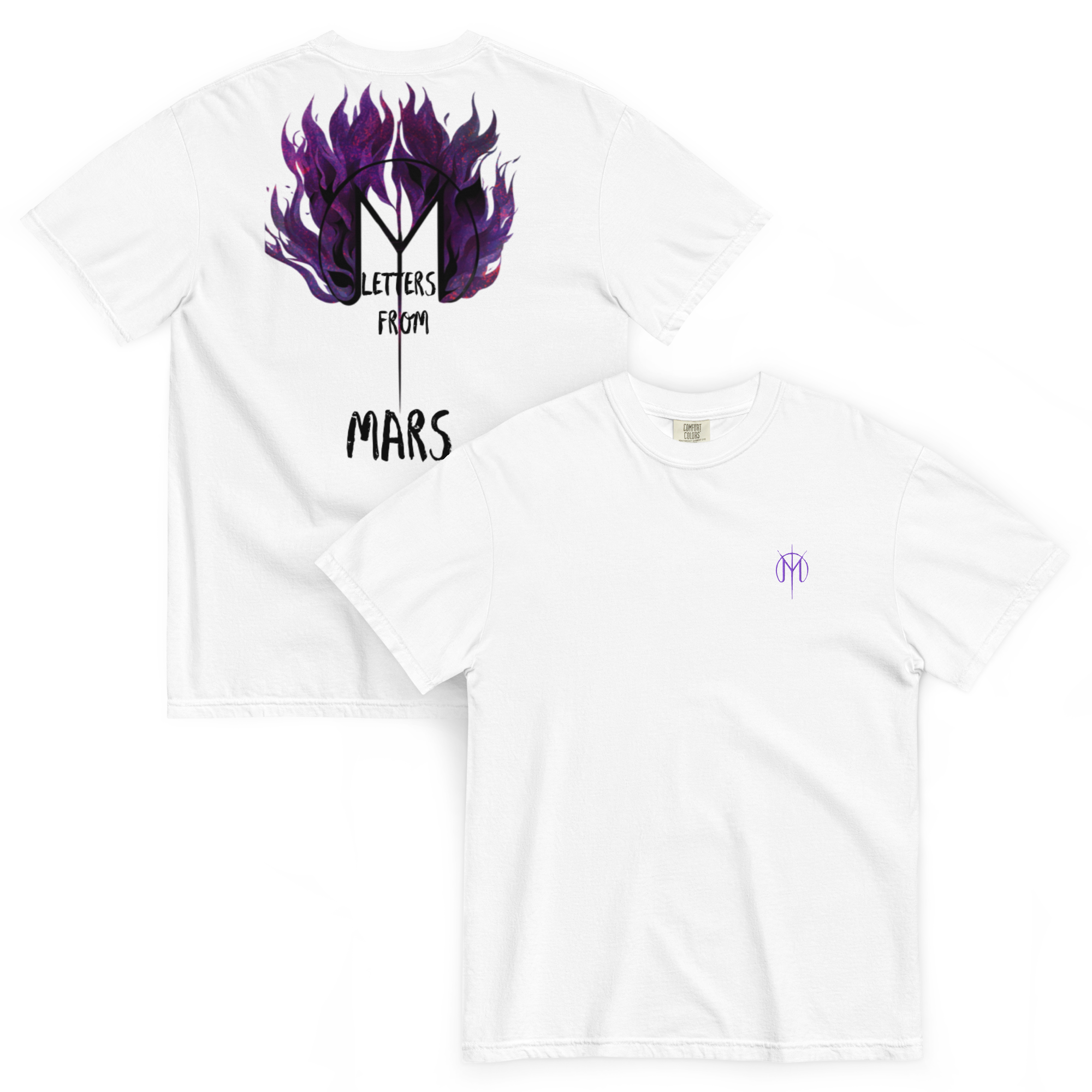 White t-shirt with 'Letters from Mars' CRASH EP design on a white background