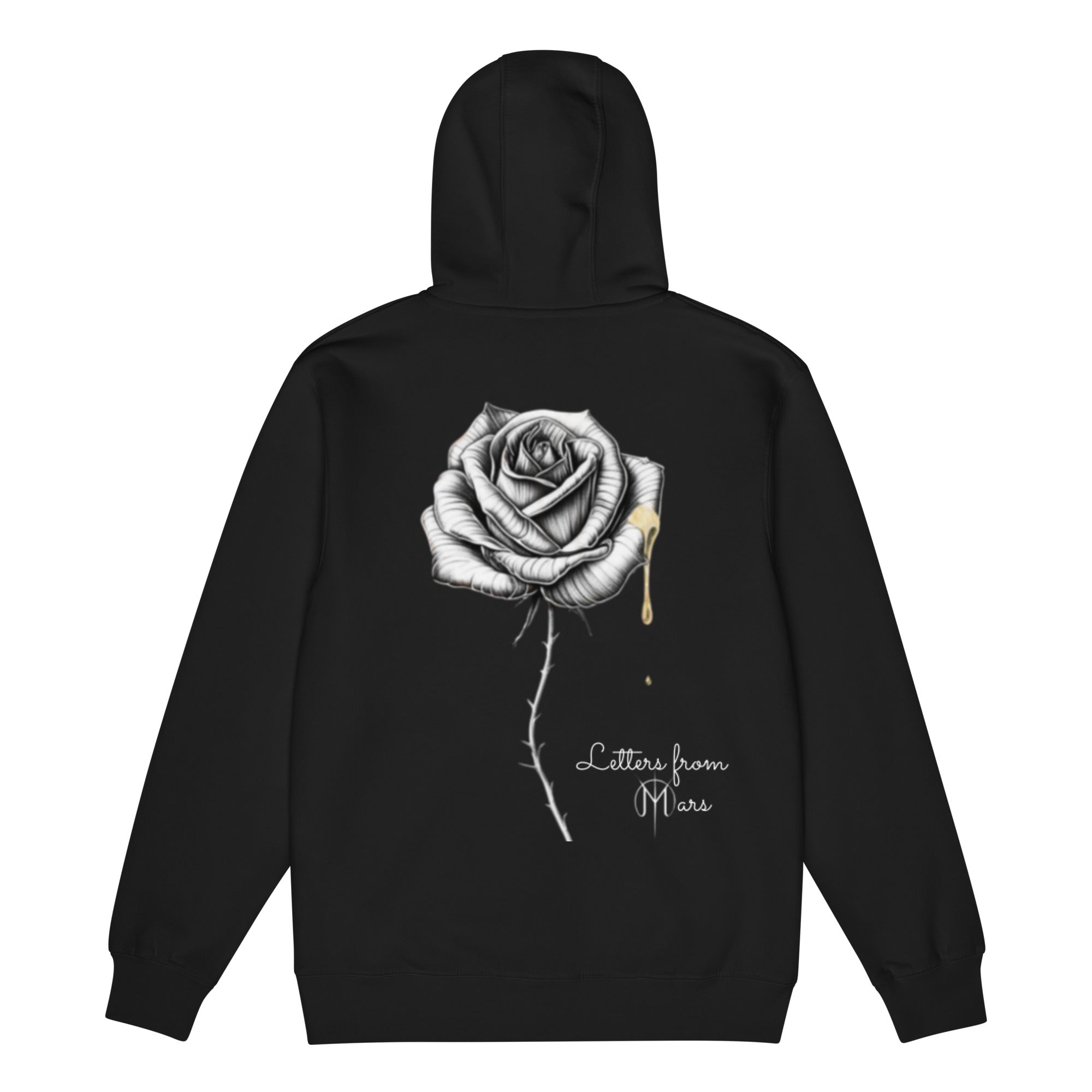 Black hoodie with a rose design and 'Letters from Mars' text on the back against a white background