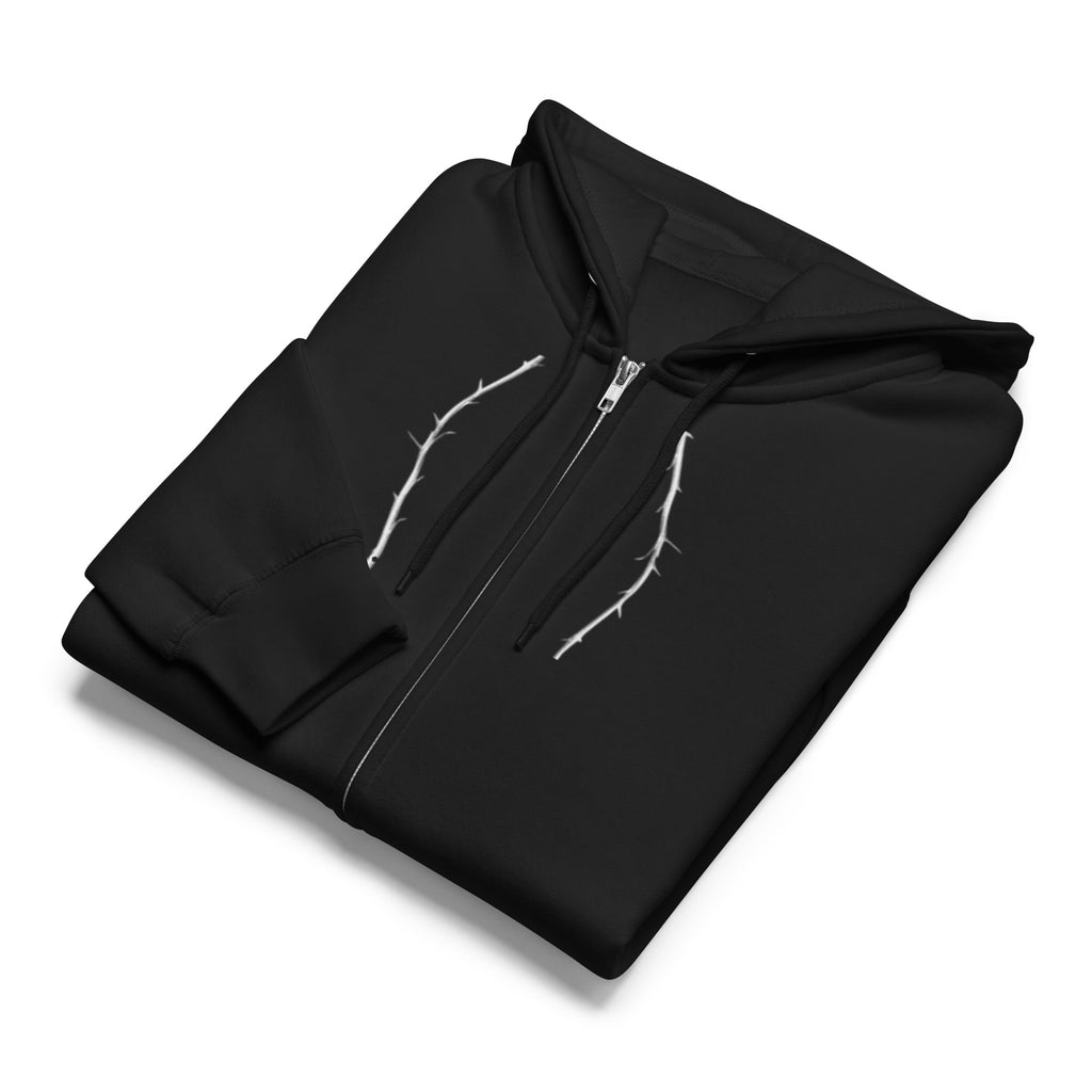 Black zip-up hoodie with white rose thorn design on a white background