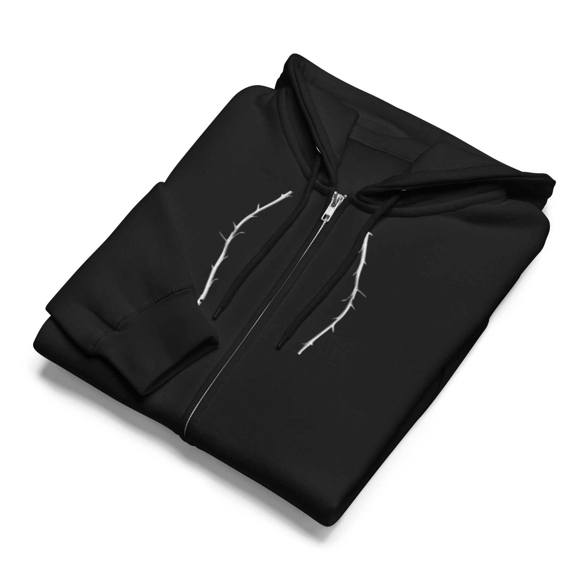 Black zip-up hoodie with white rose thorn design on a white background