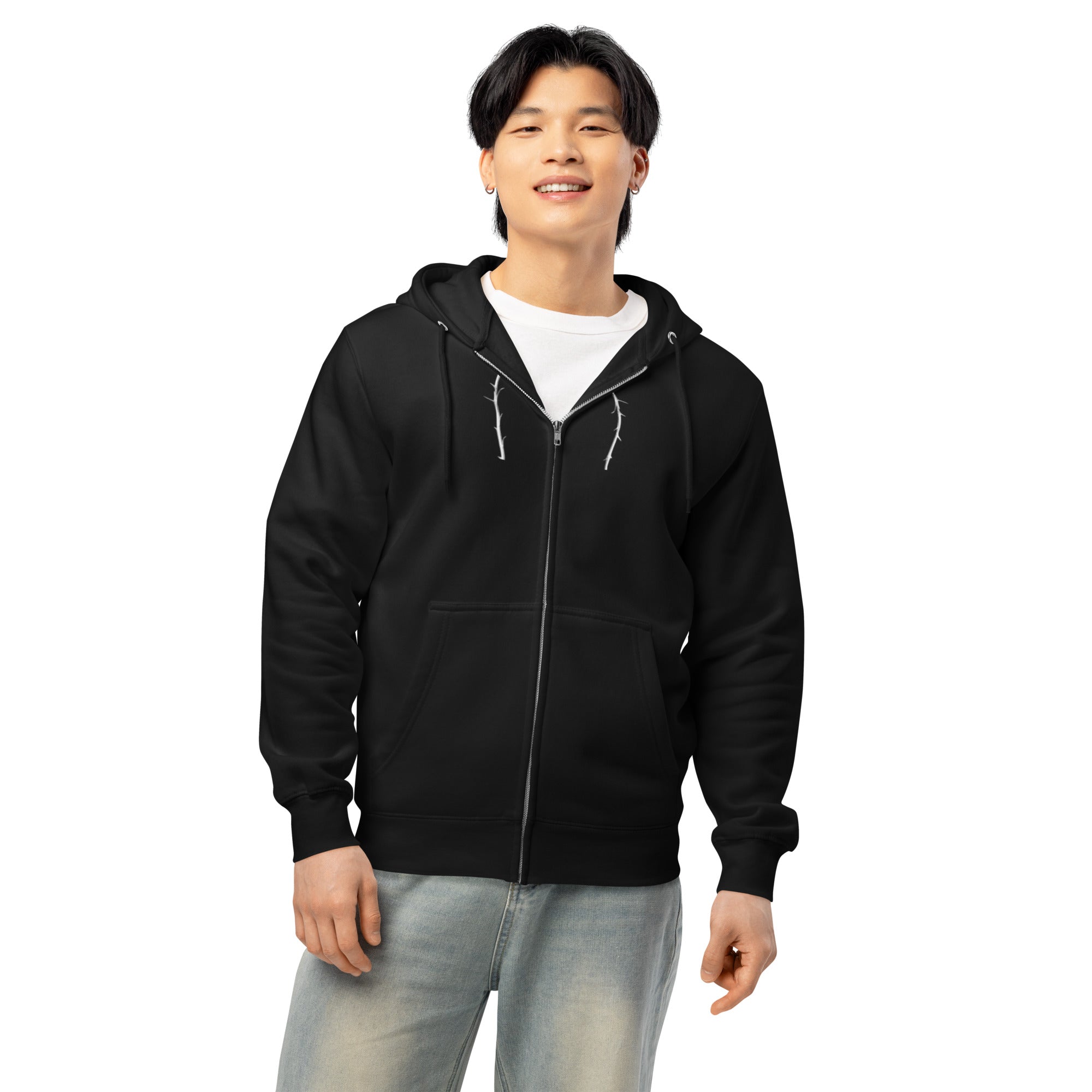 Person wearing a black hoodie with a brand logo on a white background