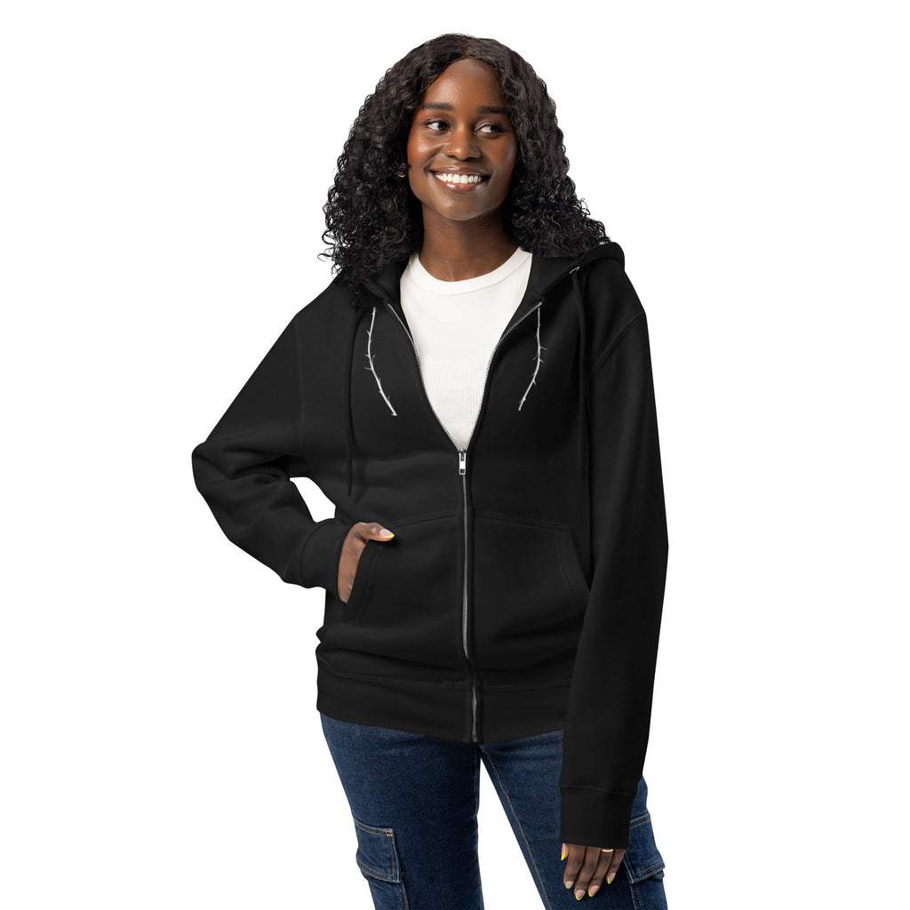 Woman wearing a black hoodie with a visible brand logo on a white background