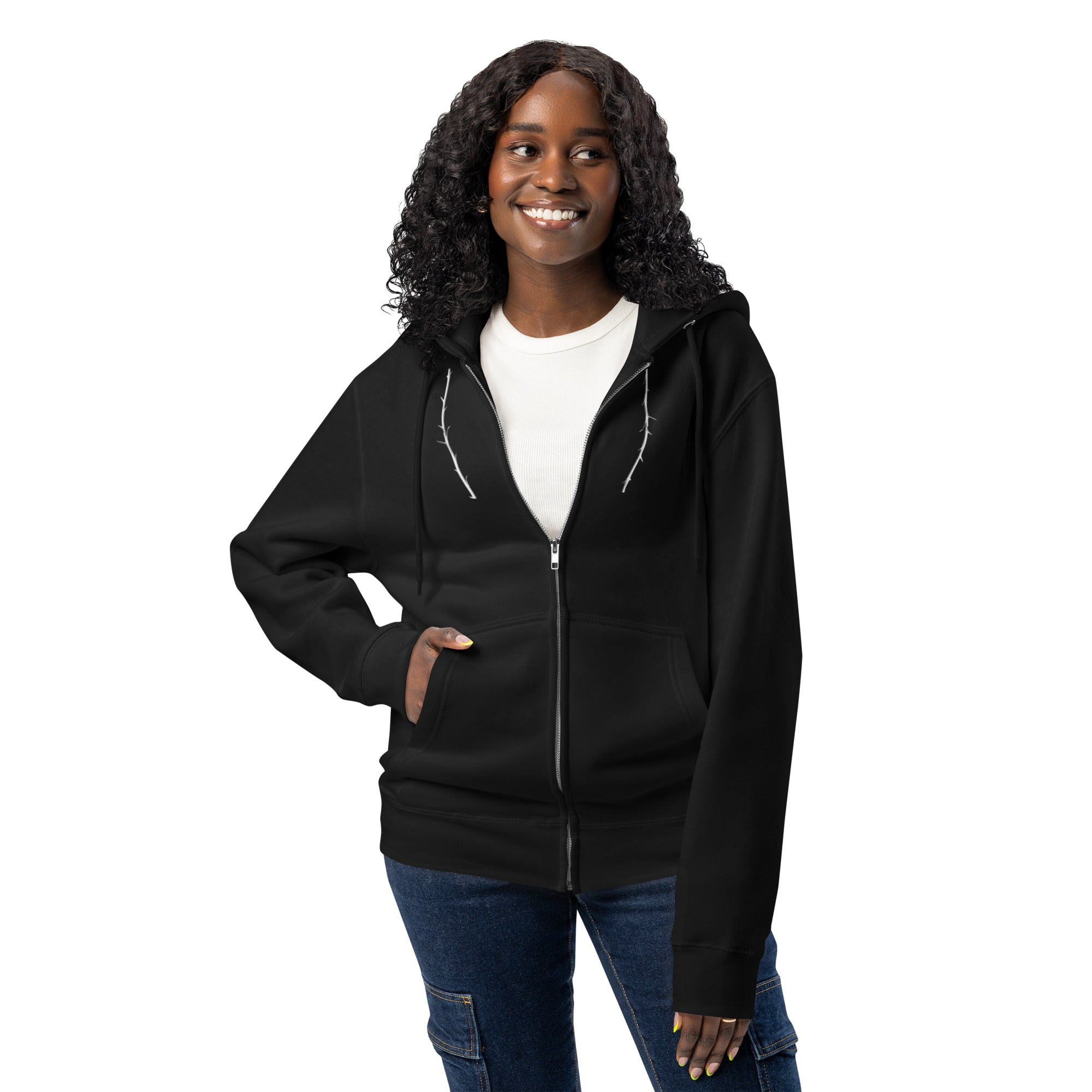 Woman wearing a black hoodie with a visible brand logo on a white background