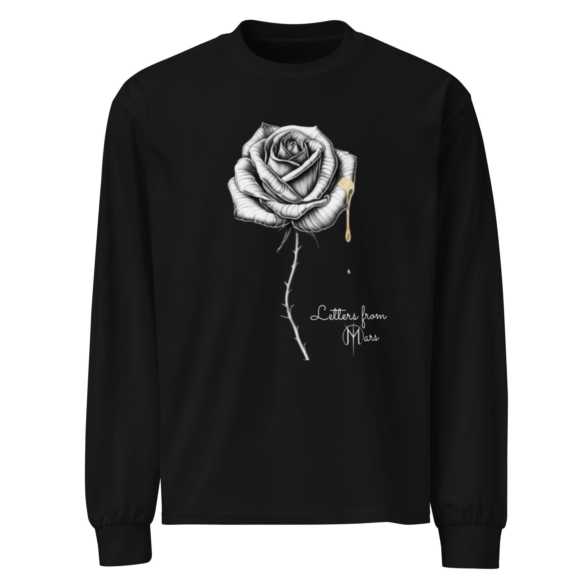 Black sweatshirt with a rose graphic and 'Letters from Mars' text on a white background